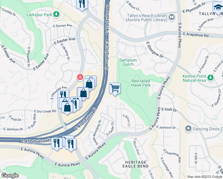 map of restaurants, bars, coffee shops, grocery stores, and more near 7405 South Addison Way in Aurora