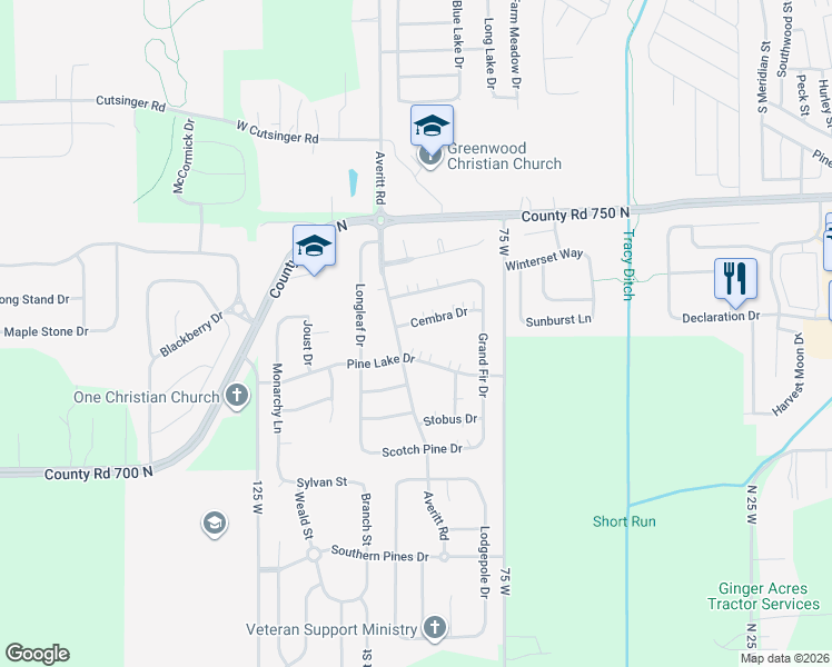map of restaurants, bars, coffee shops, grocery stores, and more near 709 Cembra Drive in Greenwood
