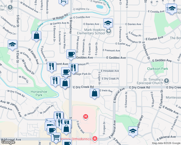 map of restaurants, bars, coffee shops, grocery stores, and more near 240 Village Park Drive in Littleton