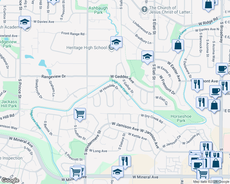 map of restaurants, bars, coffee shops, grocery stores, and more near 7618 South Datura Circle West in Littleton