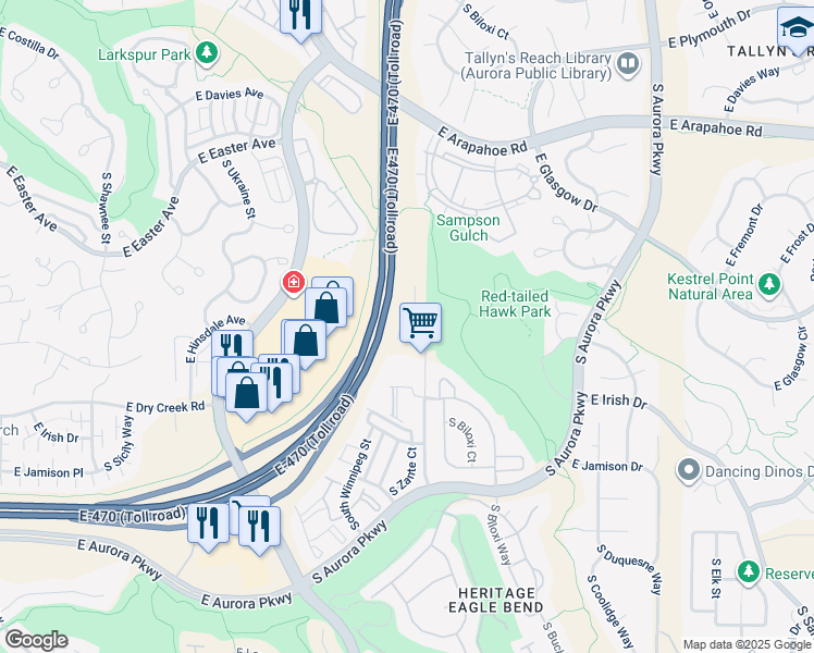 map of restaurants, bars, coffee shops, grocery stores, and more near 7405 South Addison Way in Aurora