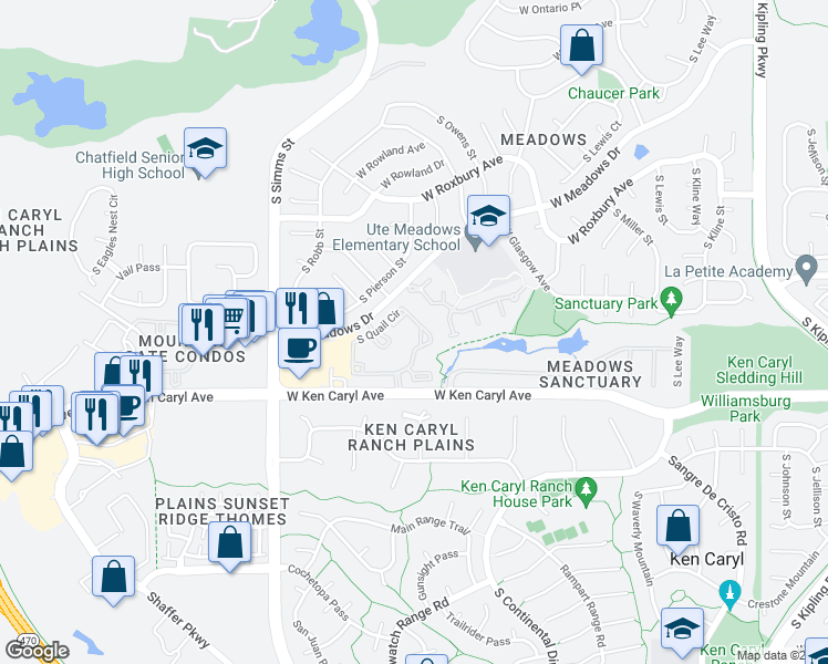 map of restaurants, bars, coffee shops, grocery stores, and more near 7432 South Quail Circle in Littleton
