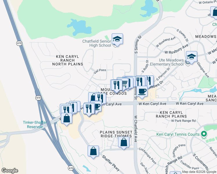 map of restaurants, bars, coffee shops, grocery stores, and more near 7428 South Alkire Street in Littleton