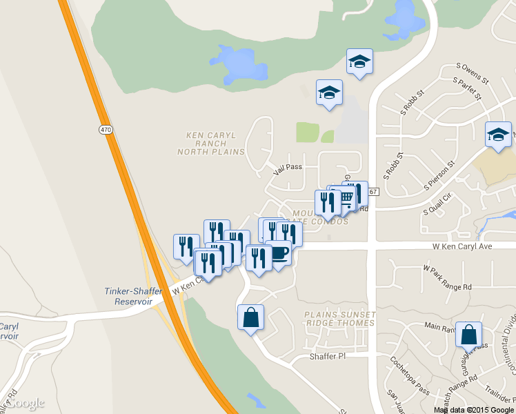 map of restaurants, bars, coffee shops, grocery stores, and more near 7355 South Alkire Street in Littleton