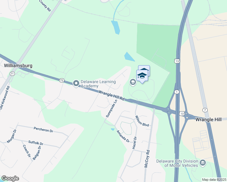 map of restaurants, bars, coffee shops, grocery stores, and more near 3990 Wrangle Hill Road in Bear