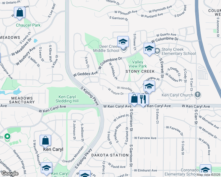 map of restaurants, bars, coffee shops, grocery stores, and more near 9390 West Indore Drive in Littleton