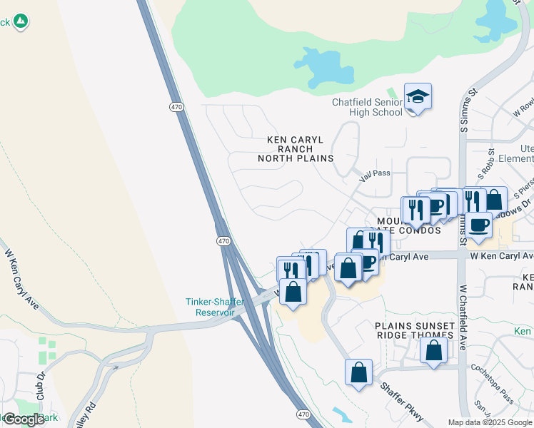 map of restaurants, bars, coffee shops, grocery stores, and more near 7440 South Yank Court in Littleton