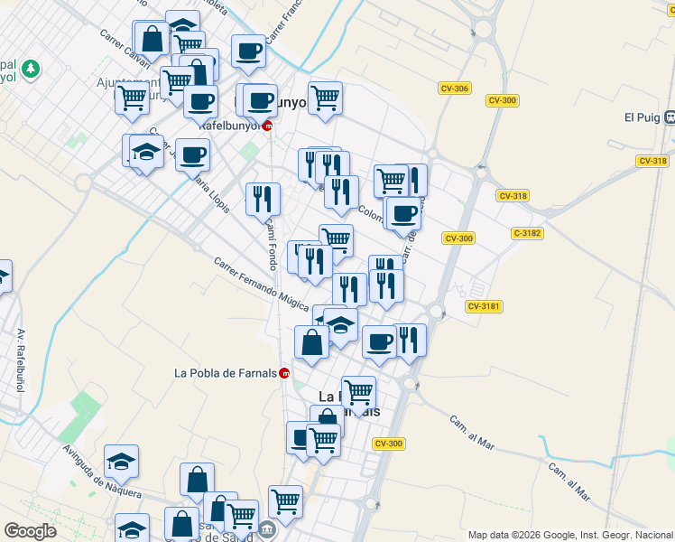 map of restaurants, bars, coffee shops, grocery stores, and more near 16 Carrer Trenet in Rafelbunyol
