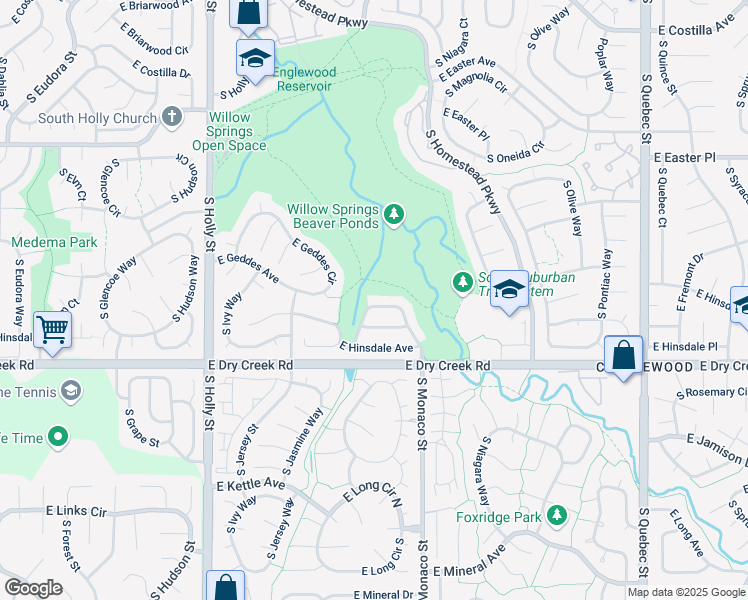 map of restaurants, bars, coffee shops, grocery stores, and more near 7428 South Krameria Street in Centennial