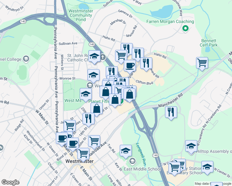 map of restaurants, bars, coffee shops, grocery stores, and more near 140 Englar Road in Westminster