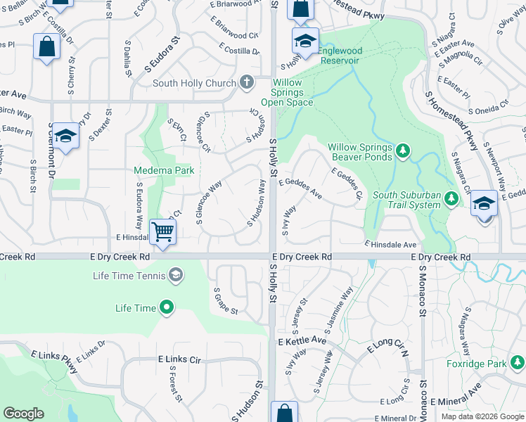 map of restaurants, bars, coffee shops, grocery stores, and more near 5576 East Hinsdale Circle in Centennial
