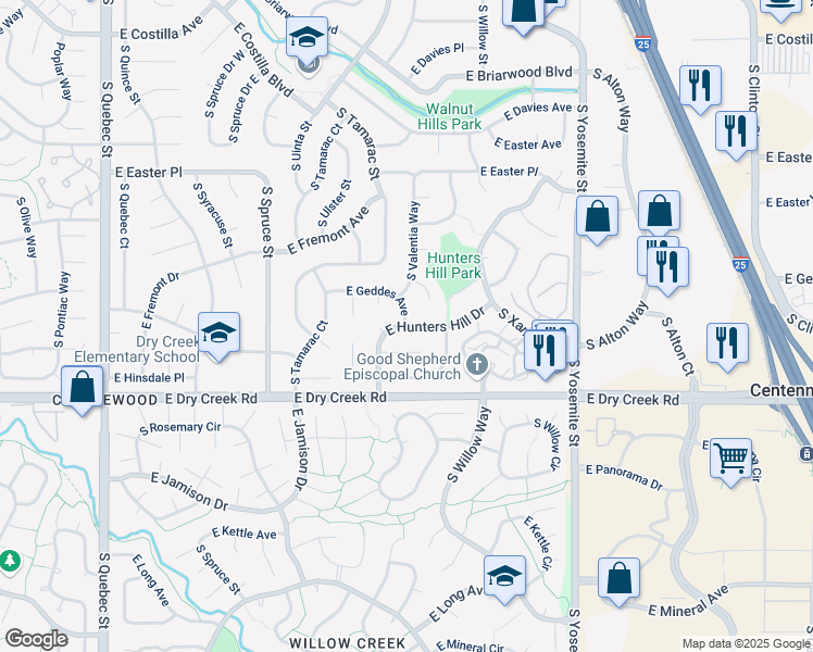 map of restaurants, bars, coffee shops, grocery stores, and more near 10825 East Geddes Avenue in Centennial
