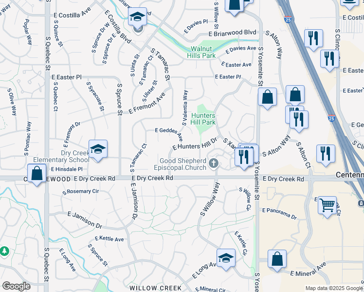 map of restaurants, bars, coffee shops, grocery stores, and more near 16251 East Geddes Avenue in Centennial