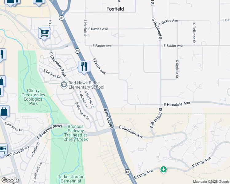 map of restaurants, bars, coffee shops, grocery stores, and more near 7320-7628 S Parker Rd in Aurora