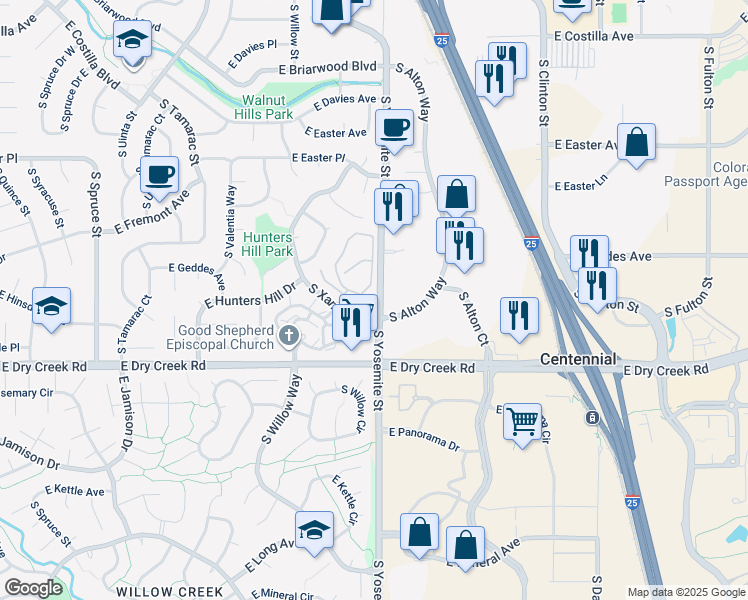 map of restaurants, bars, coffee shops, grocery stores, and more near 8787 East Dry Creek Road in Centennial