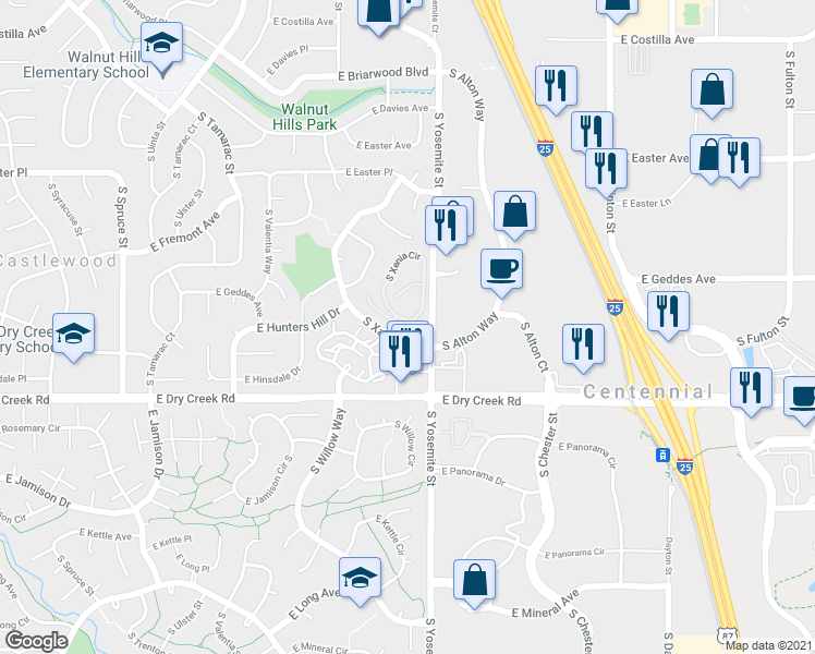 map of restaurants, bars, coffee shops, grocery stores, and more near 8787 East Dry Creek Road in Centennial