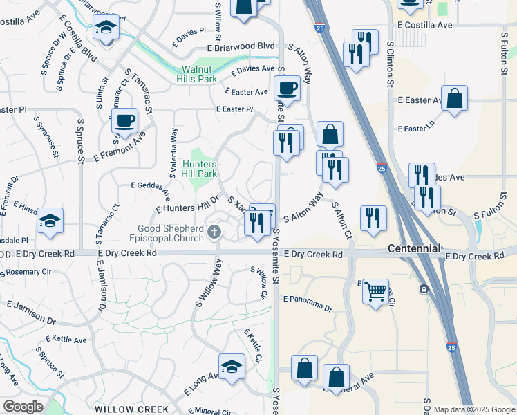 map of restaurants, bars, coffee shops, grocery stores, and more near 1329 East Dry Creek Road in Centennial