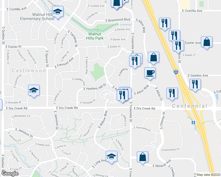 map of restaurants, bars, coffee shops, grocery stores, and more near 8623 East Dry Creek Road in Centennial