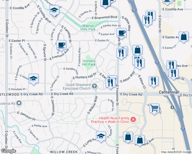 map of restaurants, bars, coffee shops, grocery stores, and more near 8623 East Dry Creek Road in Centennial