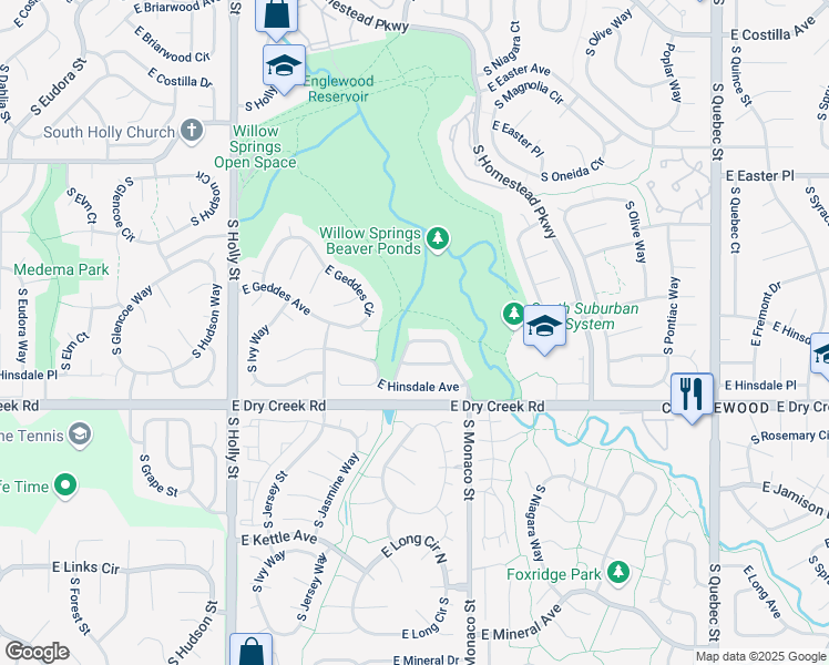 map of restaurants, bars, coffee shops, grocery stores, and more near 7428 South Krameria Street in Centennial