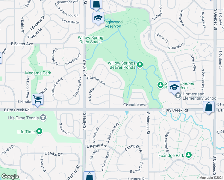 map of restaurants, bars, coffee shops, grocery stores, and more near 6032 East Hinsdale Avenue in Centennial