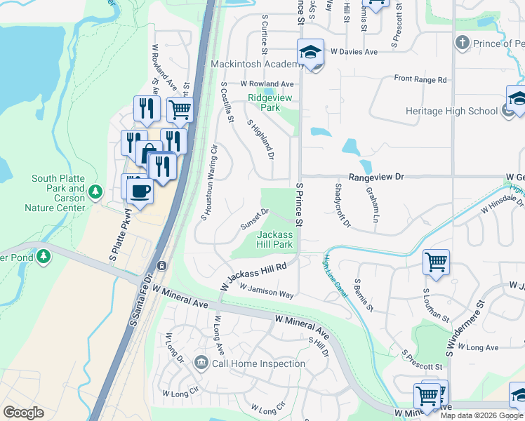 map of restaurants, bars, coffee shops, grocery stores, and more near 12029 Highland Court in Littleton