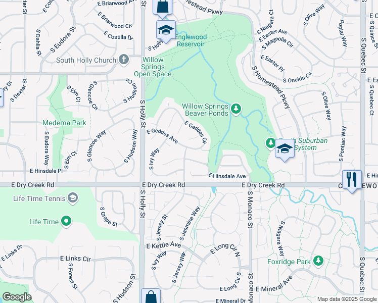 map of restaurants, bars, coffee shops, grocery stores, and more near 6032 East Hinsdale Avenue in Centennial