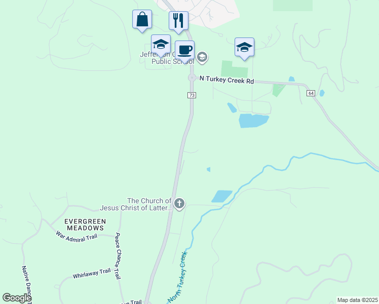 map of restaurants, bars, coffee shops, grocery stores, and more near 7450 County Road 73 in Evergreen