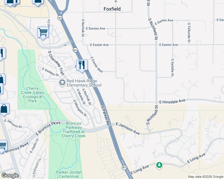map of restaurants, bars, coffee shops, grocery stores, and more near 16822 East Easter Way in Foxfield