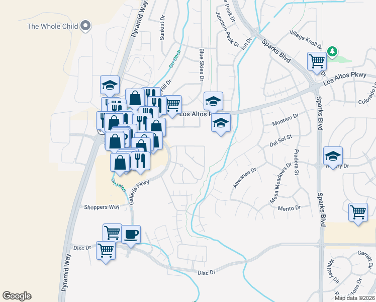 map of restaurants, bars, coffee shops, grocery stores, and more near 500 Papaya Drive in Sparks