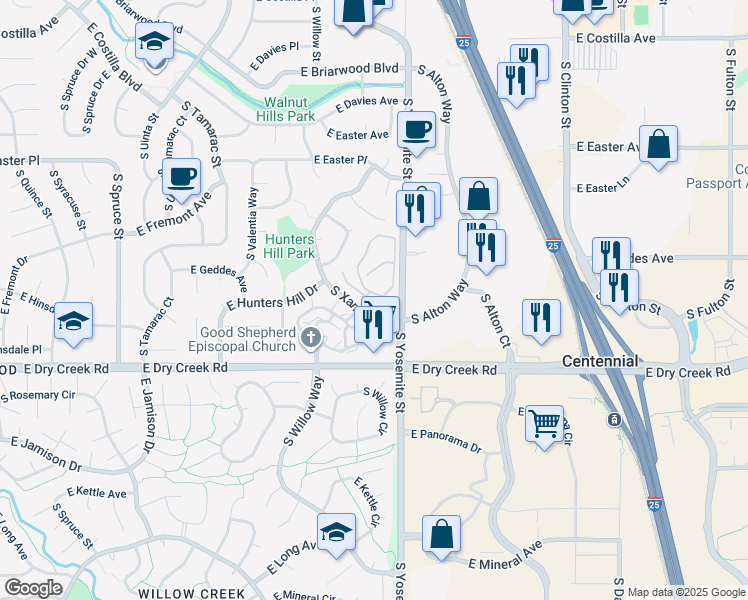 map of restaurants, bars, coffee shops, grocery stores, and more near 7258 South Xenia Circle in Centennial