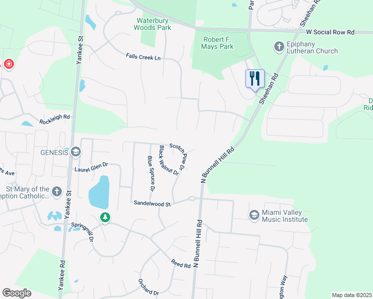 map of restaurants, bars, coffee shops, grocery stores, and more near 10810 Falls Creek Lane in Dayton