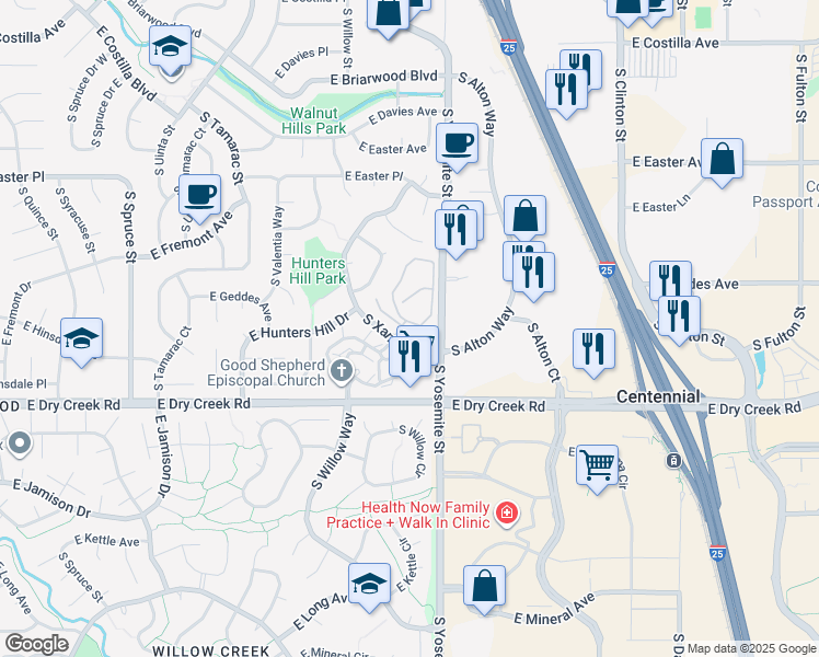 map of restaurants, bars, coffee shops, grocery stores, and more near 7258 South Xenia Circle in Centennial