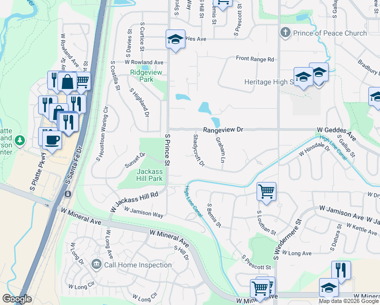 map of restaurants, bars, coffee shops, grocery stores, and more near 205 Rangeview Drive in Littleton
