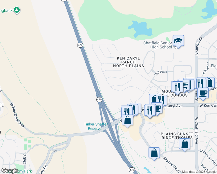 map of restaurants, bars, coffee shops, grocery stores, and more near C-470 Bikeway in Littleton