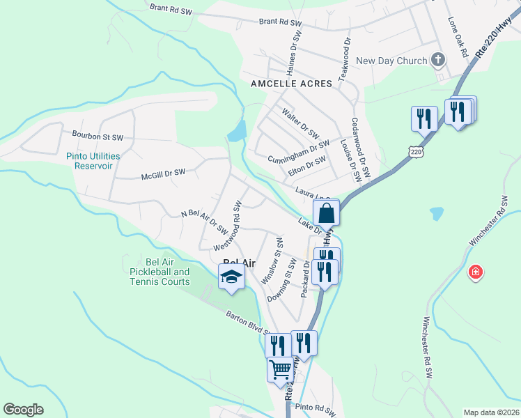 map of restaurants, bars, coffee shops, grocery stores, and more near 14301 Lake Drive in Cresaptown