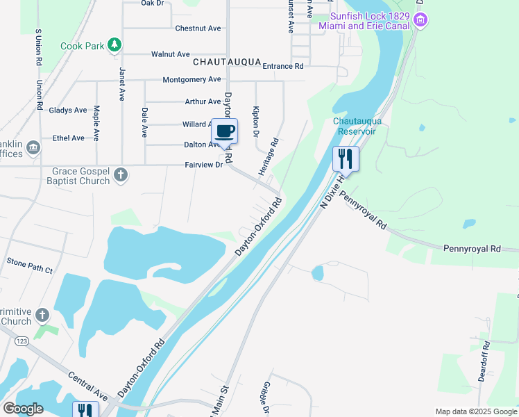 map of restaurants, bars, coffee shops, grocery stores, and more near 8907 Dayton-Oxford Road in Franklin