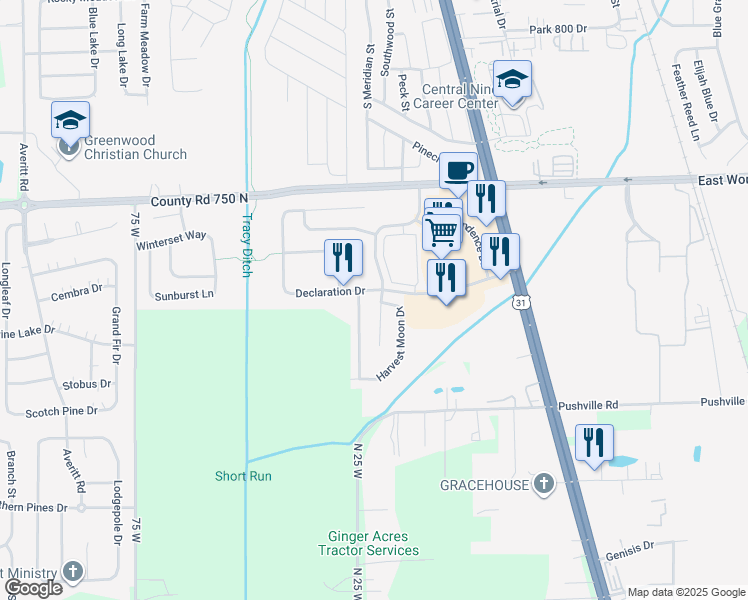 map of restaurants, bars, coffee shops, grocery stores, and more near 2248 Providence Drive in Greenwood