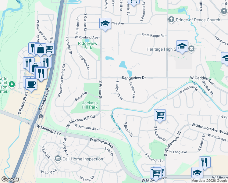 map of restaurants, bars, coffee shops, grocery stores, and more near 205 Rangeview Drive in Littleton