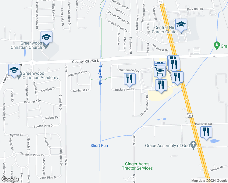 map of restaurants, bars, coffee shops, grocery stores, and more near 179 Declaration Drive in Greenwood