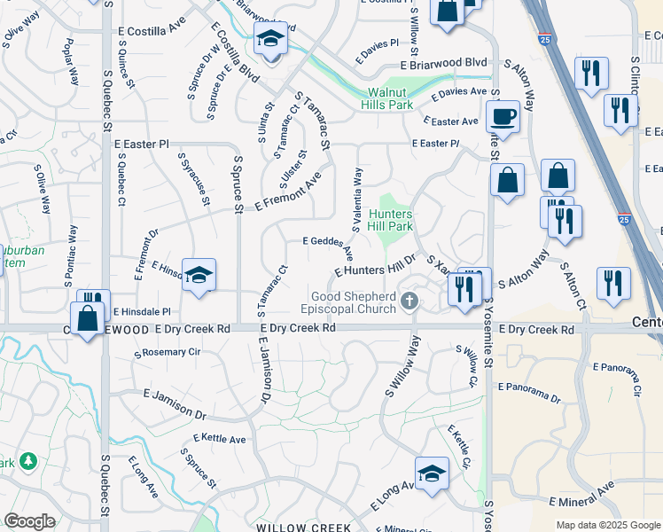 map of restaurants, bars, coffee shops, grocery stores, and more near 7350 South Ulster Court in Centennial