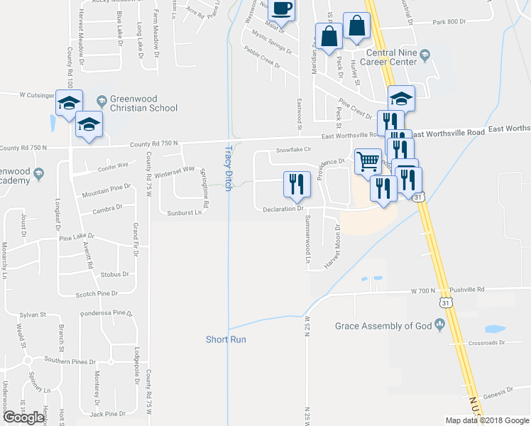 map of restaurants, bars, coffee shops, grocery stores, and more near 163 Declaration Drive in Greenwood