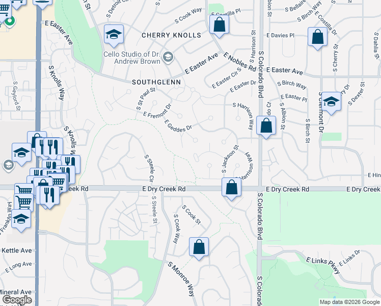 map of restaurants, bars, coffee shops, grocery stores, and more near 3641 East Geddes Place in Centennial