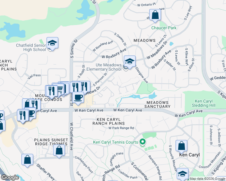 map of restaurants, bars, coffee shops, grocery stores, and more near 7422 South Quail Circle in Littleton