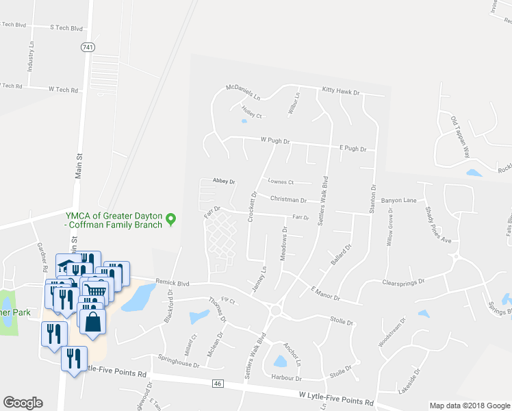 map of restaurants, bars, coffee shops, grocery stores, and more near 140 Crockett Drive in Springboro
