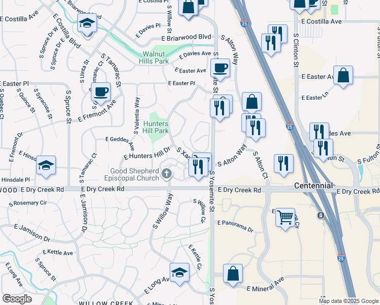 map of restaurants, bars, coffee shops, grocery stores, and more near 7258 South Xenia Circle in Centennial