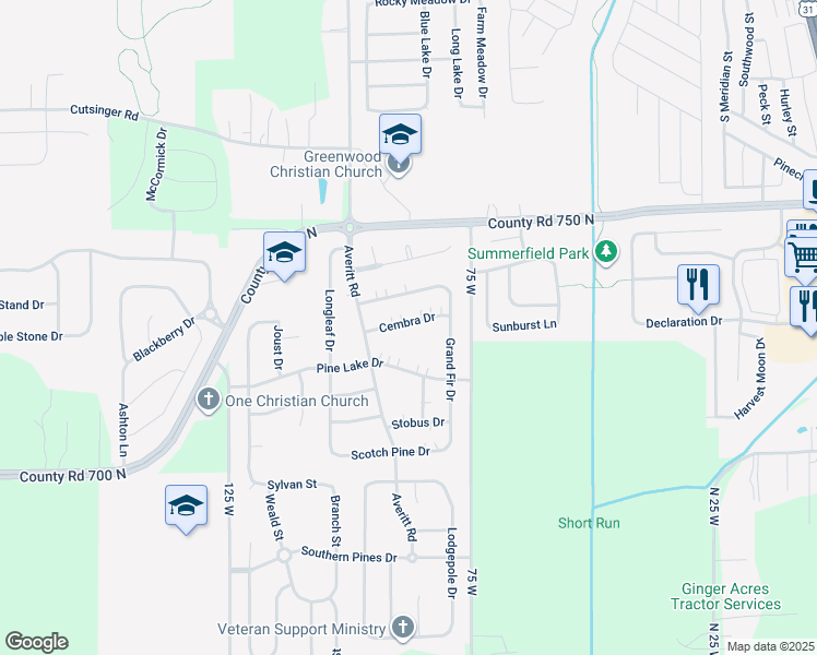 map of restaurants, bars, coffee shops, grocery stores, and more near 604 Cembra Drive in Greenwood