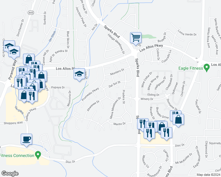 map of restaurants, bars, coffee shops, grocery stores, and more near 879 Del Sol Street in Sparks