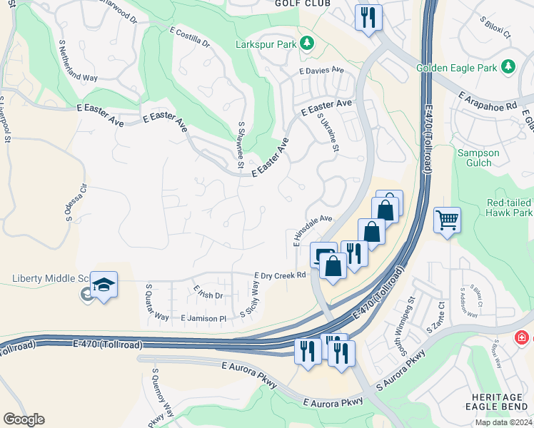 map of restaurants, bars, coffee shops, grocery stores, and more near 22236 East Glasgow Place in Aurora
