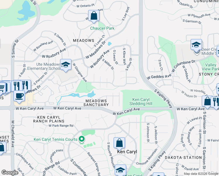 map of restaurants, bars, coffee shops, grocery stores, and more near 7357 South Miller Court in Littleton
